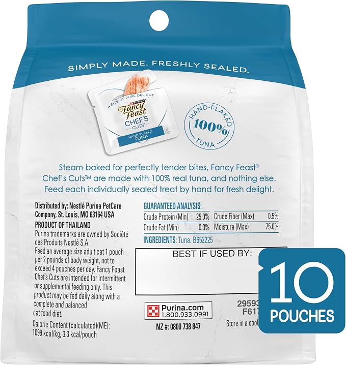 Purina Fancy Feast Purely Hand-Flaked Tuna Cat Treats, Steam-Baked Real Tuna, Pack of 5, 10 Count Pouches