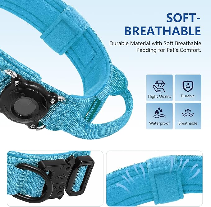 Tactical Dog Collar, Adjustable Military Training Nylon Dog Collar with Control Handle and Heavy Metal Buckle for Medium and Large Dogs, with Smart ID tag and Airtags Case (Blue,M)