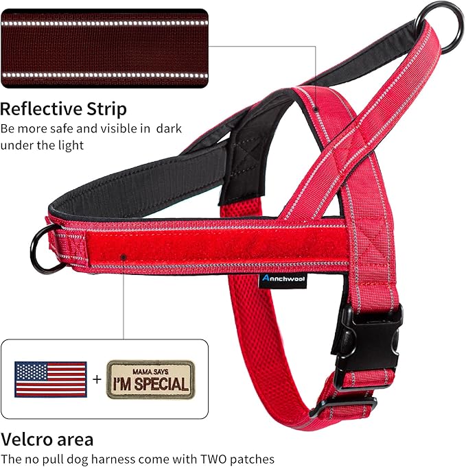 Annchwool No Pull Dog Harness with Soft Padded Handle,Reflective Strip Escape Proof and Quick Fit to Adjust Dog Harness,Easy for Training Walking for Small & Medium and Large Dogs(Red,XL)