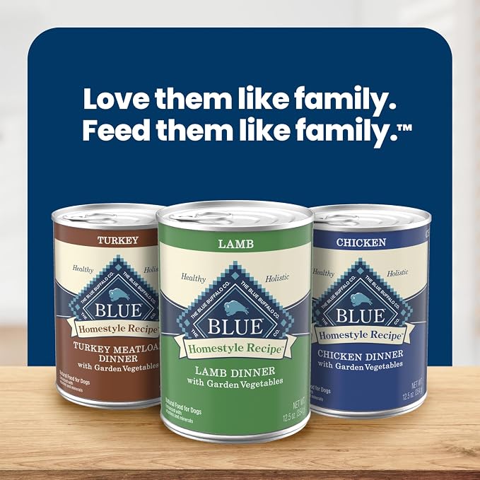 Blue Buffalo Homestyle Recipe Wet Dog Food Paté Variety Pack, Turkey Meatloaf Dinner & Lamb Dinner with Garden Vegetables, Made with Natural Ingredients, 12.5-oz. Can (6 Count, 3 of Each)