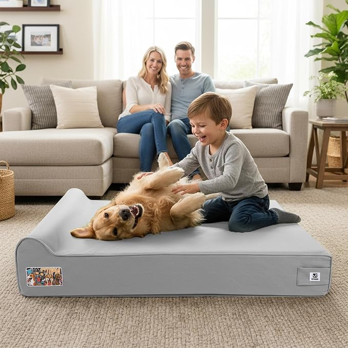 Sytopia 7" Thick Orthopedic Dog Beds for Extra Large Dogs, 35D Memory Foam Durable Canvas Pet Bed with Chew Proof Fabric Cover, Up to 150 Pounds, Waterproof Liner & Washable Cover Design, Light Grey
