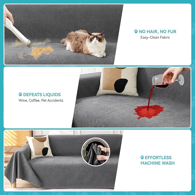 Warmstar Couch Protector from Cat Claws, Waterproof Couch Cover Anti Slip,Couch Cover 3 Cushion Sofa Washable,Anti-Scratch Pet Sofa Cover Heavy Duty,91"X134", Dark Grey