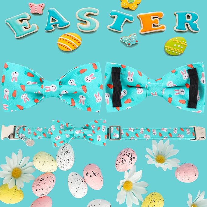 Easter Dog Collar with Bow Tie, Cotton Easter Bowtie Collar for Puppy Girl Boy Dog or Cat, Cute Carrot Pet Collar with Metal Buckle, Easter Gift Rabbit Dog Collar, XS