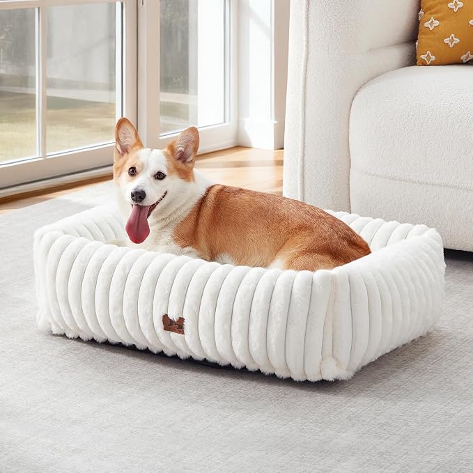 Dog Bed Medium Size Dog, Rectangle Orthopedic Pet Bed for Car and Indoor, Comfort Fluffy Memory Foam Dog Beds with Anti-Slip Bottom, Cream(30x24x8inchs)