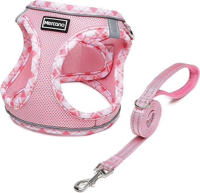Mercano Soft Mesh Dog Harness and Leash Set, Step-in Reflective Breathable Lightweight Vest Harnesses with Safety Buckle for Small Dogs, Cats (Pink, XL)