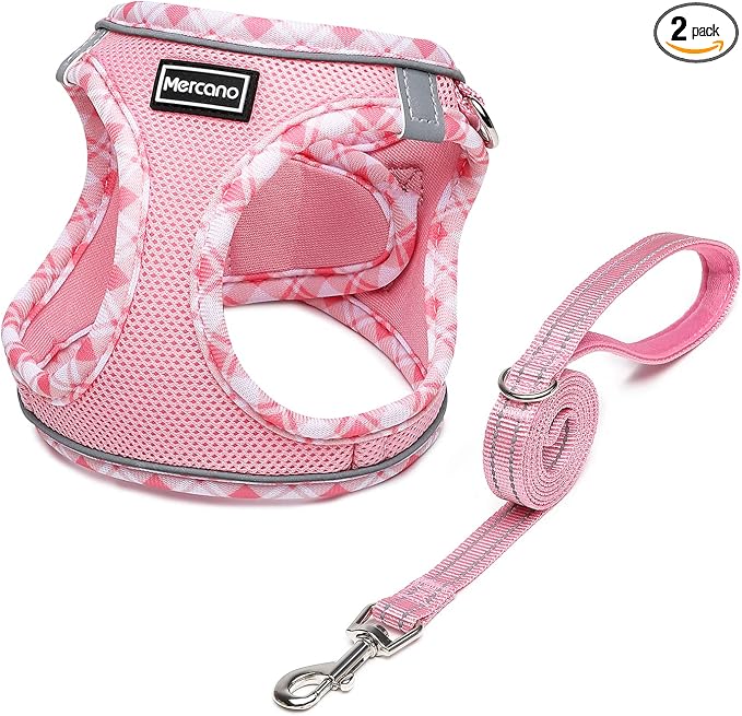 Mercano Soft Mesh Dog Harness and Leash Set, Step-in Reflective Breathable Lightweight Vest Harnesses with Safety Buckle for Small Dogs, Cats (Pink, S)