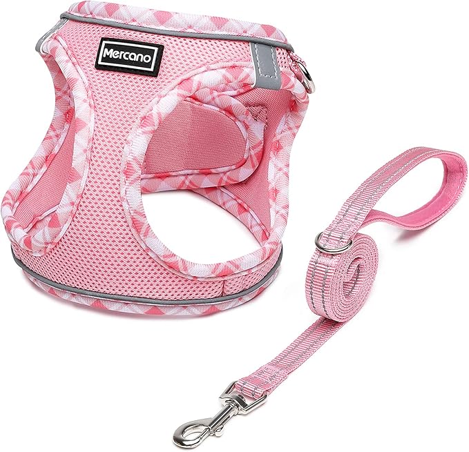 Mercano Soft Mesh Dog Harness and Leash Set, Step-in Reflective Breathable Lightweight Vest Harnesses with Safety Buckle for Small Dogs, Cats (Pink, L)