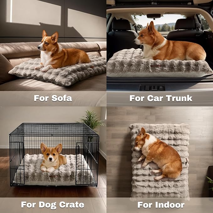 WDCOZY Fluffy Dog Crate Beds for Large Dog, Plush Faux Fur Kennel Pad with Removal Washable Cover, Soft Pet Mat for Sleeping & Ease Anxiety, Anti-Slip Bottom for Pet Up, 36"x23", Beige