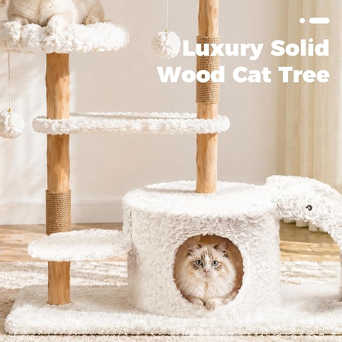 Easyego Modern Cat Tree, 45.6" Aesthetic Wood Cat Tree Tower for Large Cats, Luxury Cat Condo with Scratching Posts and Flower Platforms, Cat Furniture, White