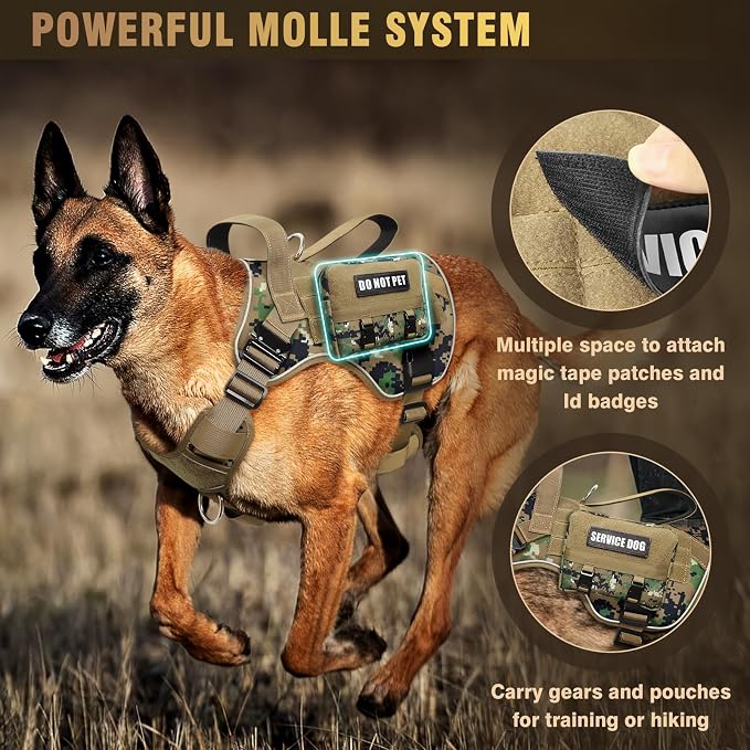 WINSEE Tactical Dog Harness for Large Dog, Heavy Duty Service Dog MOLLE Vest with 10 Pet Patches, No Pull Military Working Vest for Training Hunting Walking