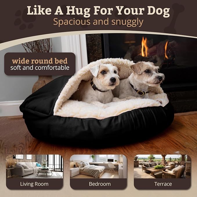 Snoozer Cozy Cave Dog Bed - Indoor Dog Bed with Cover Cave, Covered Calming Burrow for Small Sized Pets with Blanket Attached, Enclosed, Removable Washable Cover - Small, Black