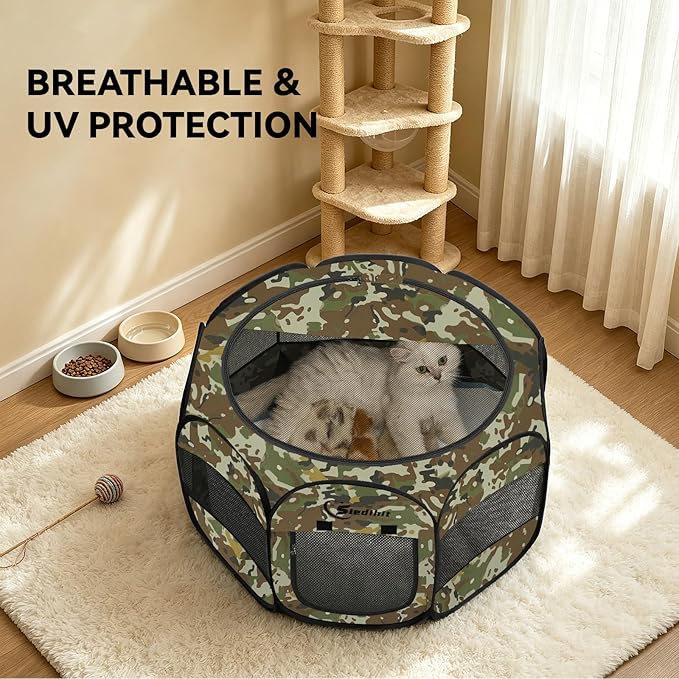 Pink Puppy Playpen for Middle Dog Cat, Dogs Tent Crate Cage Indoor/Outdoor, Portable Pop Up Dog Kennel with Carrying Bag for Rabbits, Removable Top (Green Camo, Small)