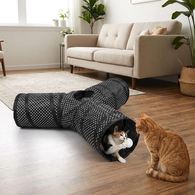 Cat Tunnel Collapsible, More Interactive Indoor Play Toy Tube for Cats & Kittens with Crinkle Paper and Peekaboo Holes(Y)