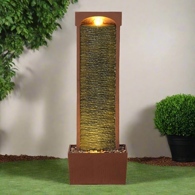 Teamson Home 38.5" Indoor/Outdoor Modern Curved Faux Slate Waterfall Fountain with LED Lights, Red Rock