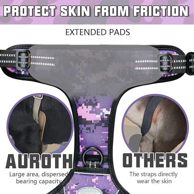 AUROTH Tactical Dog Harness for Large Dogs No Pull Adjustable Pet Harness Reflective Working Training Easy Control Pet Vest Military Service Dog Harnesses Purple Camo XXL