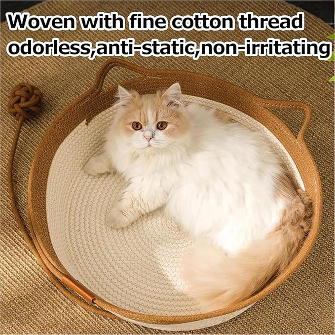 Instinct Basket, Stimuli Handwoven cat Basket Rope Cotton with Cushion, Eliminates Bed Rejection Round Pet Basket, Boho Catbed for Cats Handwoven Scratchable Breathable Weave (Large-A)