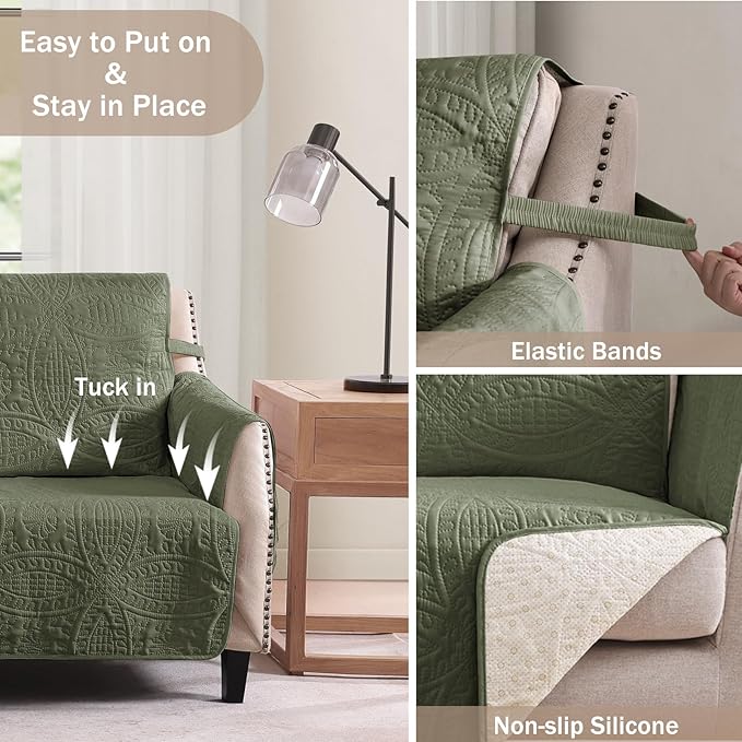 Green Quilted Recliner Covers, Water-Repellent Recliner Slipcovers, Recliner Covers Stay in Place, Pet Friendly Recliner Cover for Dogs, Washable Chair Protector (Recliner 22", Olive Green)