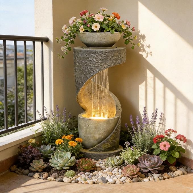 Tiered Outdoor Water Fountain, Modern Spiral Cascading Waterfall Fountain with Planter, Freestanding Resin Indoor Water Feature for Room, Garden, Patio, Deck, 31.5"H with Light Stone-Texture