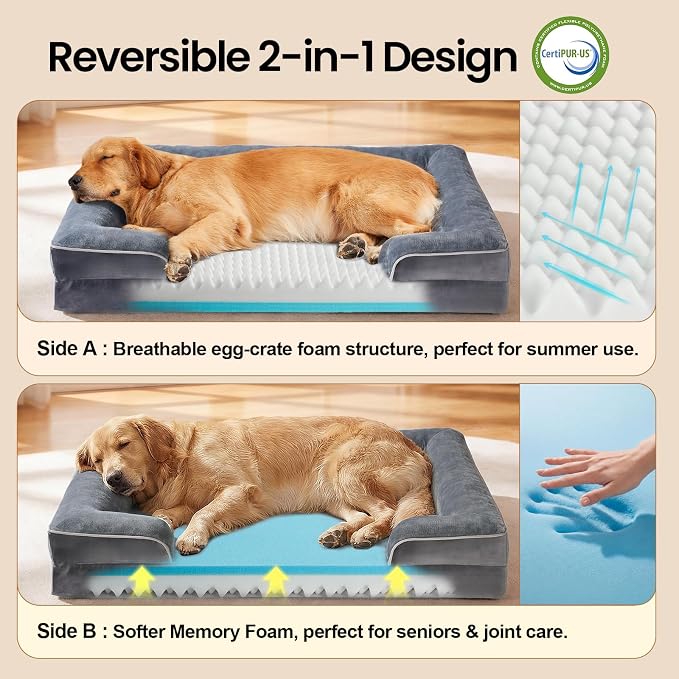 OhGeni Orthopedic Dog Bed Couch Big Cat Sofa for Extra Large Sized Pets with Memory Foam, Machine-Washable Waterproof Removable Cover, Soft Comfortable Fabric, 41-inch (Gray)