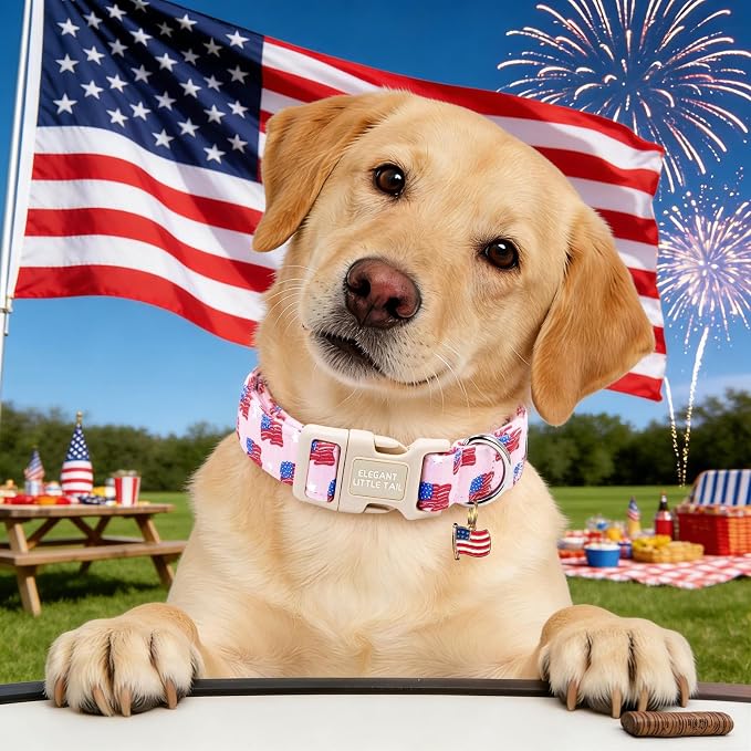Elegant Little Tail 4th of July Dog Collar with Pendant, Pink Stars & USA Flag Pattern Cotton, Sturdy Quick-Release Plastic Buckle, Girl Adjustable Pet Collar for X-Small Dogs