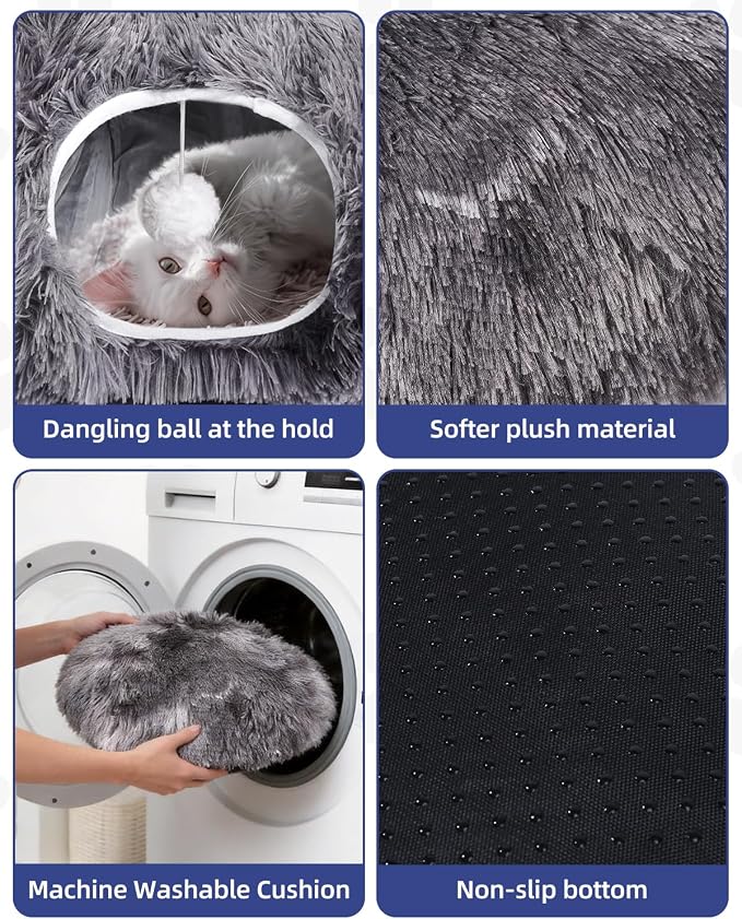 Cat Tunnel Bed with 20 Pcs Interactive Toys, 3-in-1 DIY Collapsible Plush Cat Tube with Washable Mat, Large Indoor Play Tunnel Cave for Kittens and Small Animals