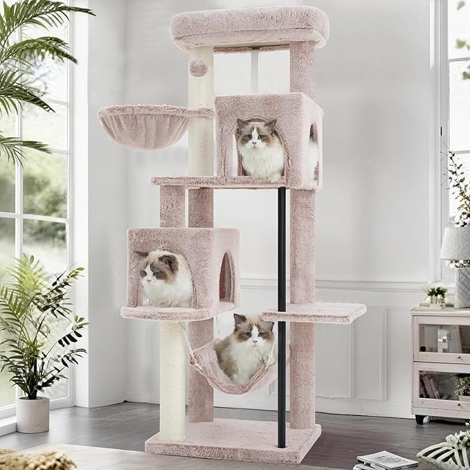 Gitelsnour 51.2'' Cat Tree Tower, Cat Tower with Scratching Post, Sturdy Steel Pube Cat Tree for Inoor Cats Large Adult, Cat Hammock and Basket, Padding Top Platform, Mushroom GCT014MU