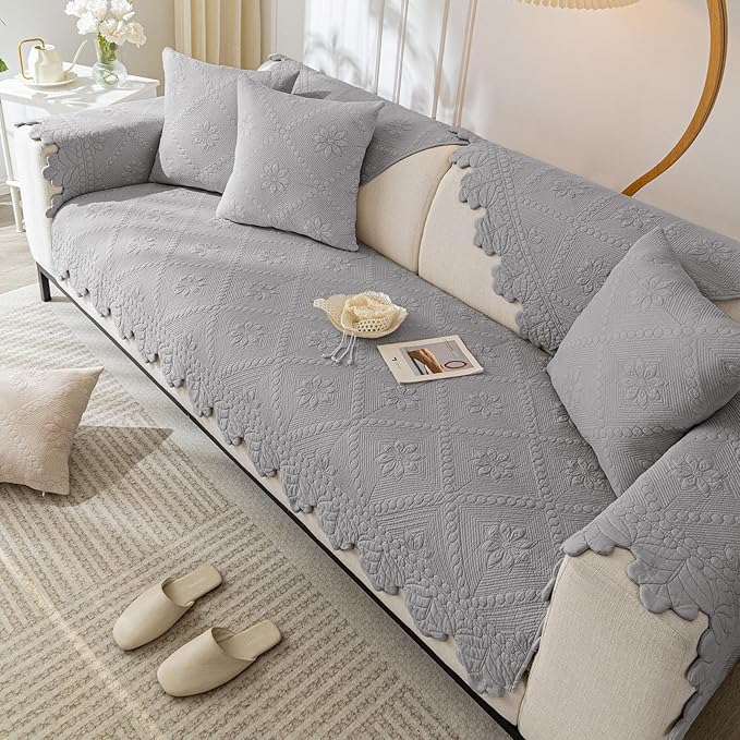 Cotton Quilted Dog Couch Cover for Sofa Farmhouse Rustic Embroidery Sectional Couch Cover Soft Anti-Slip Sofa Slipcover Furniture Protector for Kids, Pets (Grey,28"x35")
