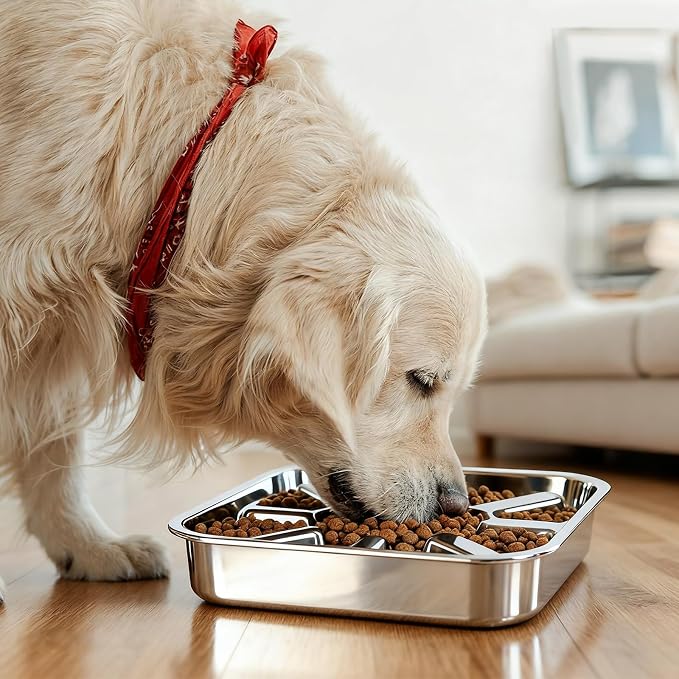 Stainless Steel Slow Feeder Dog Bowls Large & Medium Breed 3 Cups, Food Grade 304, Non-Slip Base, Deep Ridges to Slow Eating, Metal Slow Feeder Dog Bowls, Dishwasher & Chew-Proof & Rustproof (2 Pack)