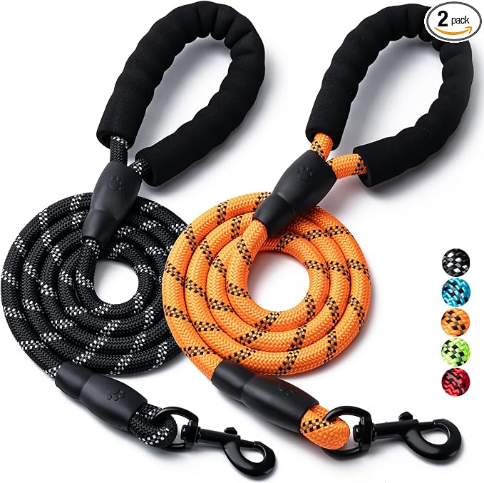 2 Pack Dog Leash, 4/5//6 FT Heavy Duty Nylon Rope Pet Leashes with Comfortable Padded Handle, Reflective Dog Leashes for Small Medium and Large Dogs (4FT-1/2,Black/Orange)