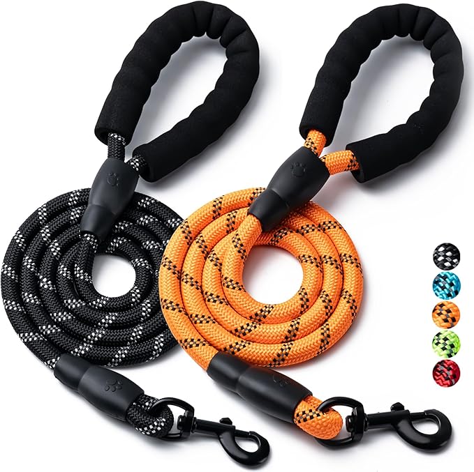 2 Pack Dog Leash, 4/5//6 FT Heavy Duty Nylon Rope Pet Leashes with Comfortable Padded Handle, Reflective Dog Leashes for Small Medium and Large Dogs (5FT-1/2,Black/Orange)