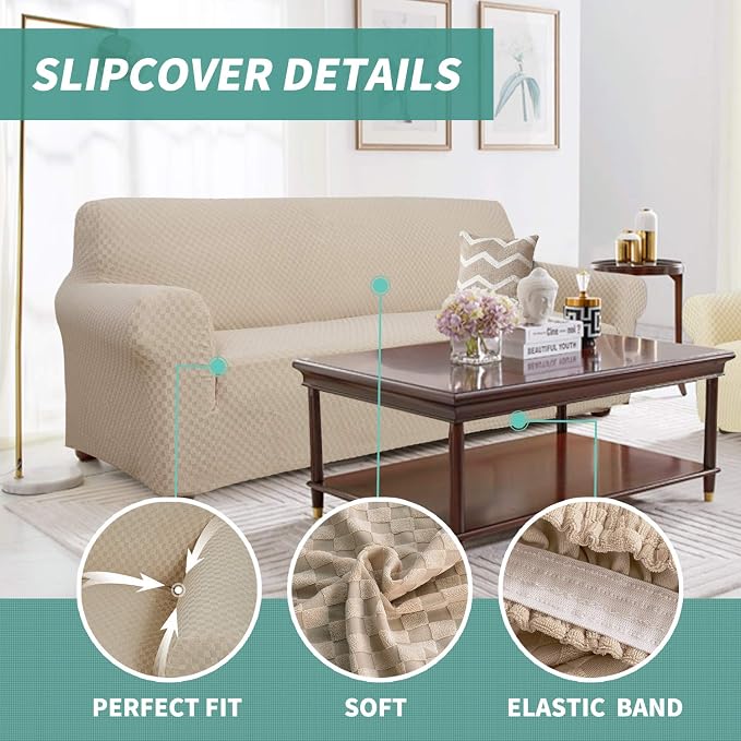 YEMYHOM Couch Cover Latest Jacquard Design High Stretch Sofa Covers for 2 Cushion Couch, Pet Dog Cat Proof Loveseat Slipcover Non Slip Magic Elastic Furniture Protector (Medium, Khaki)