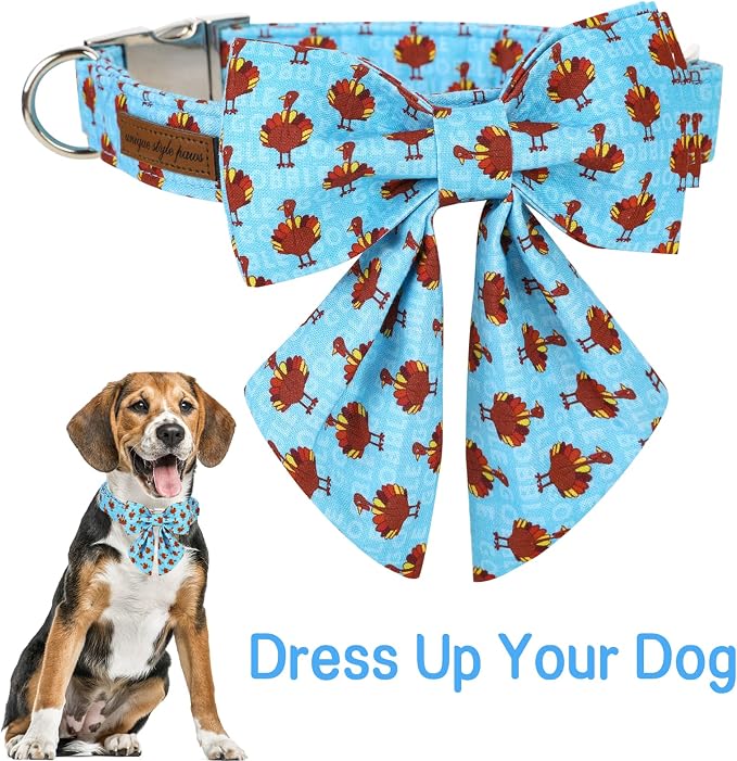 Unique style paws Thanksgiving Dog Collar with Bow Tie Blue Turkey Puppy Collar for Small Medium Large Dogs as Autumn Winter Pet Gifts-XL
