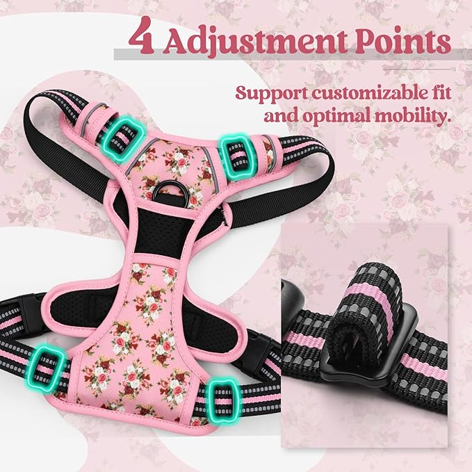 rabbitgoo Dog Harness No Pull with 2 Leash Clips, Adjustable Soft Padded, Reflective Oxford No Choke Pet Vest with Easy Control Handle for Large Dogs, Pink Rose, XL