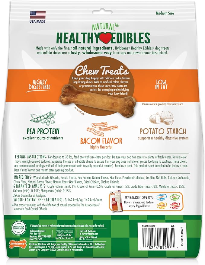 Nylabone Healthy Edibles Natural Dog Chews, Long Lasting Bones for Dogs, Bacon Flavor Dog Treats, Medium (7 Count)