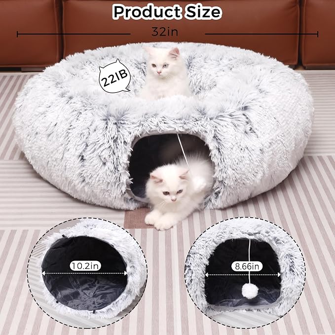 Plush Cat Tunnel with Cat Bed for Indoor Cats, Multifunctional Cat Donut Tunnel for Small Medium Large Cats Kitten Rabbit Puppies (Grey)