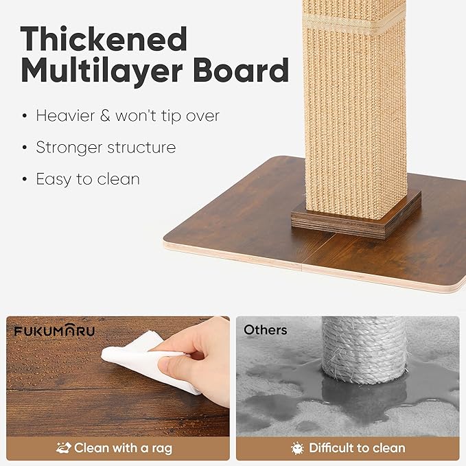 FUKUMARU Cat Scratching Post, Retro-Style Tall Scratch Posts with Perch for Indoor Cats Adults, Large Cat Scratcher Tower with Bed, Natural Sisal & Solid Wood