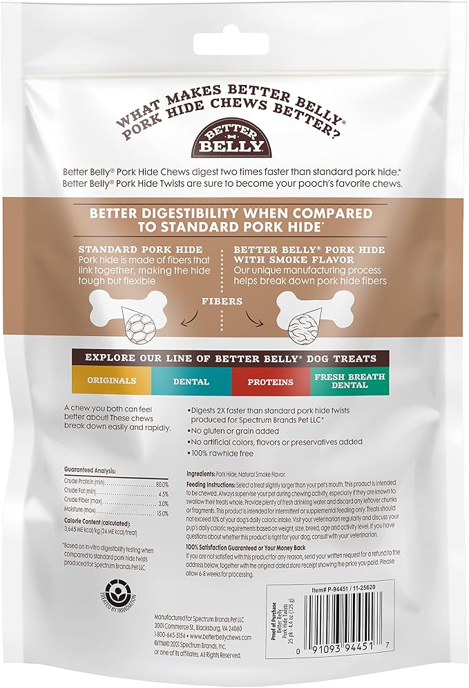 Better Belly Highly Digestible Rawhide Twist Sticks Chews, Treat Your Dog to a Chew with NO Artificial Colors or Flavors 25 Count (Pack of 24)