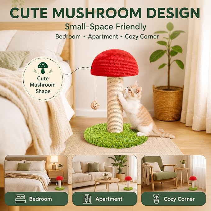 Mushroom Cat Scratching Post 11" for Kitten & Small Cats, Mini Cat Tree Stable Base, Natural Sisal Scratcher with Hanging Ball, Space Saving Indoor Cat Toy for Small Spaces and Apartments