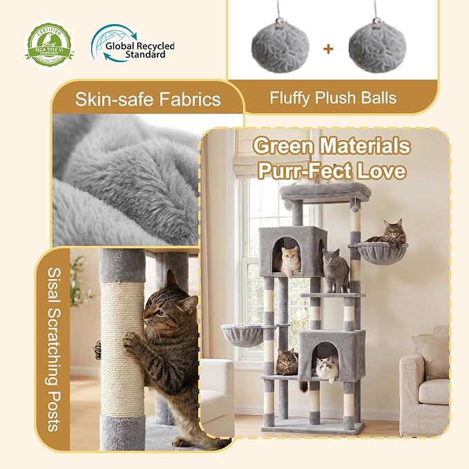 Heybly 68.1" Cat Tree with Oversized Top Platform & Wide Base, Heavy Duty Cat Tower for Large Indoor Cats with 2 Condos, 2 Hammocks, 10 Sisal Scratching Posts, Stable Cat House, Light Gray HCT059W