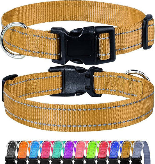 FunTags Length 8" - 12" Reflective Khaki Dog Collar for Extra Small Dogs – Night Walking & Training Safety, Durable Quick Release Buckle, Nylon, Comfortable Adjustable, Width 5/8"