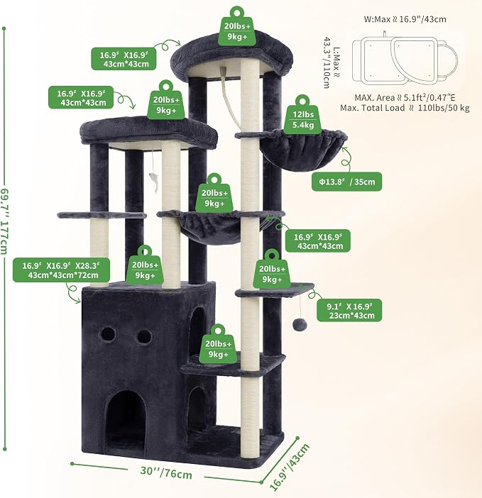 Heybly Cat Tree, 69.7 inches Secure Anti-Tip Cat Tower for Large Cats, Expansive Cat Furniture with Dual-Tier Cat Condo Villa, 2 Top Perches, Hammock & Full Sisal Scratching Posts, Smoky Gray HCT065G