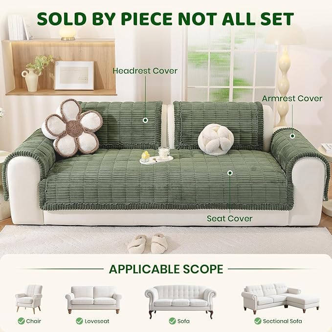 Royhom Headrest Armrest Cover, Couch Back Cover, Thick Soft Couch Arm Covers, Arm Chair Covers for Pets Recliner Loveseat Leather Cushion L Shaped Sofa (Green, 35.4 x 35.4 Inch)