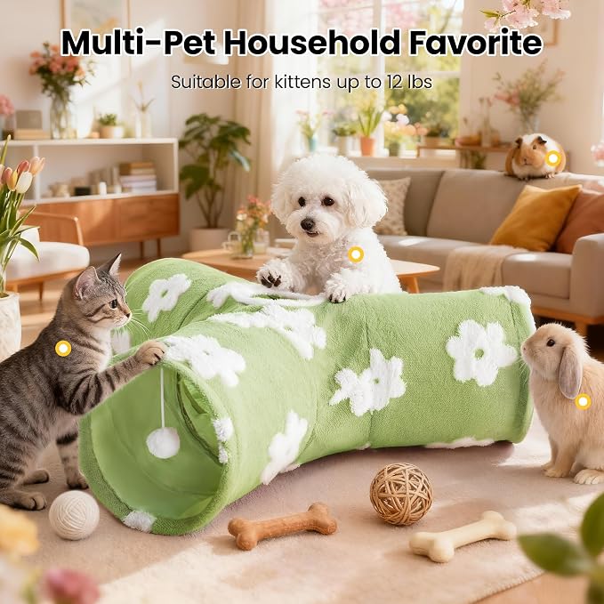 Tempcore Flannel Cat Tunnel for Indoor Cats, 3 Way Collapsible Pet Play Tunnel with Teaser Wand, Peek Holes & Hanging Ball, Interactive Tube for Kittens & Rabbits, Daisy Green
