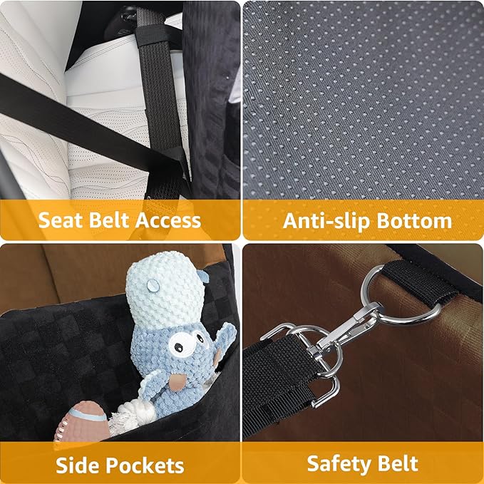 PETICON Waterproof Dog Car Seat for Small Medium Dogs, 6in Memory Foam Pet Booster Seat for Dogs up to 26 lbs with Pockets, Detachable Washable Pet Carseat with Y-Shape Safety Belt