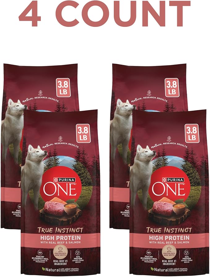 Purina ONE Natural High Protein Dry Dog Food Dry True Instinct with Real Beef and Salmon With Bone Broth and Added Vitamins, Minerals and Nutrients - (Pack of 4) 3.8 lb. Bags