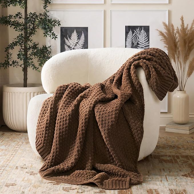 EVERGRACEHOME Chunky Chenille Knit Throw Blanket for Couch, Soft Luxurious Moss Stitch Chair Blankets for Bed, Cozy Decorative Farmhouse Knitted Throws for Sofa, Burnt Orange, 60" x 80"
