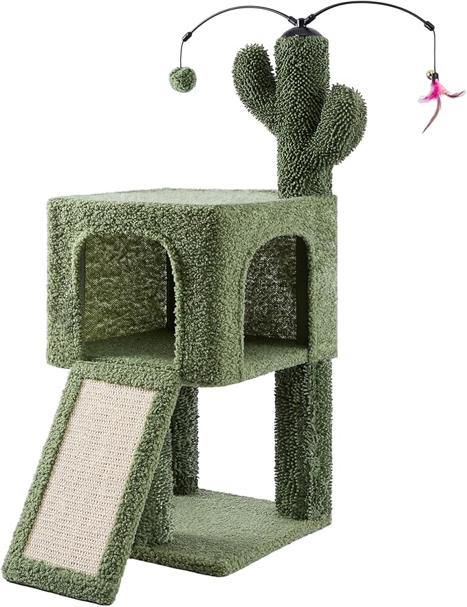 32" Cactus Cat Tree for Indoor Cats, 2-in-1 Cat House with Sisal Scratching Post & Ramp, 2-Level Cat Tower with Rotatable Feather & Ball Toys, Stable Cat Condo for Small/Medium Cats, Green
