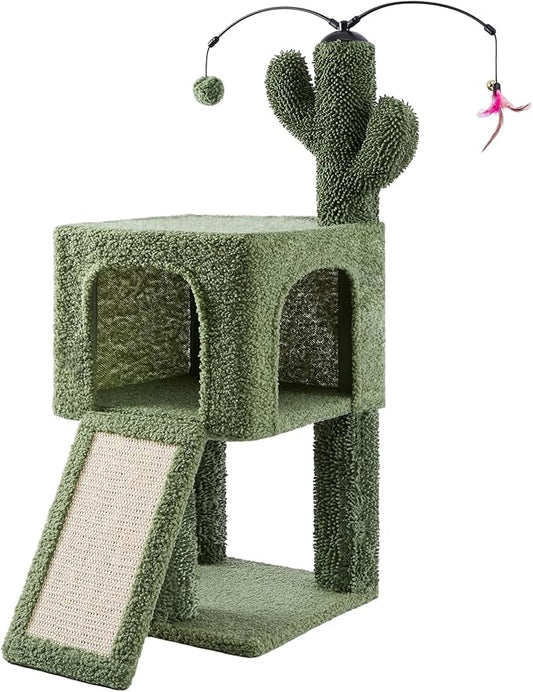 32" Cactus Cat Tree for Indoor Cats, 2-in-1 Cat House with Sisal Scratching Post & Ramp, 2-Level Cat Tower with Rotatable Feather & Ball Toys, Stable Cat Condo for Small/Medium Cats, Green