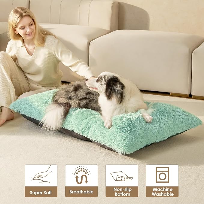 EHEYCIGA Fluffy XXL Dog Crate Pad, Plush Faux Fur Crate Bed for Extra Large Dogs, Calming Anti Anxiety XXL Dog Bed, Washable Warm Mat with Non-Slip Bottom, Apple Green