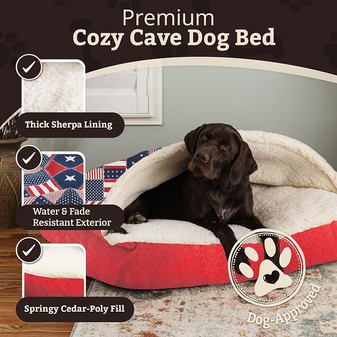 Snoozer Rectangle Cozy Cave Dog Bed - Indoor Dog Bed with Cover Cave, Covered Calming Burrow for Small Sized Pets with Blanket Attached, Enclosed, Washable Cover - Small, Starpatch Red Diamond